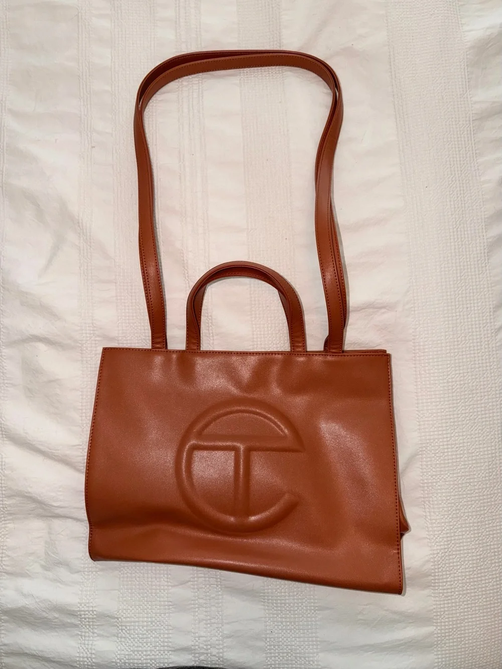 Telfar Leather Medium Cognac Brown Logo-Embossed Shopper Tote